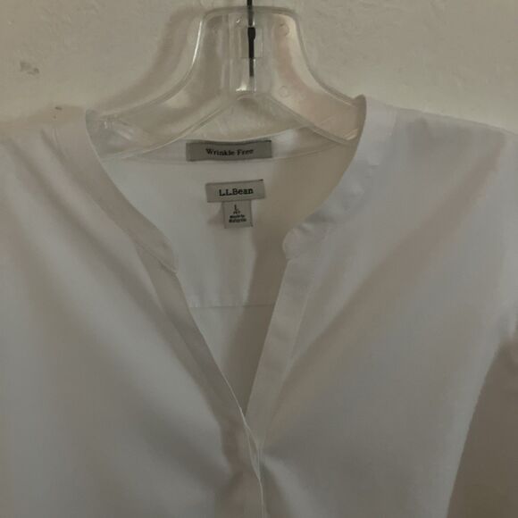 LL Bean Top Blouse L Bright White Collarless Button Up 100% Cotton Formal - Picture 2 of 4